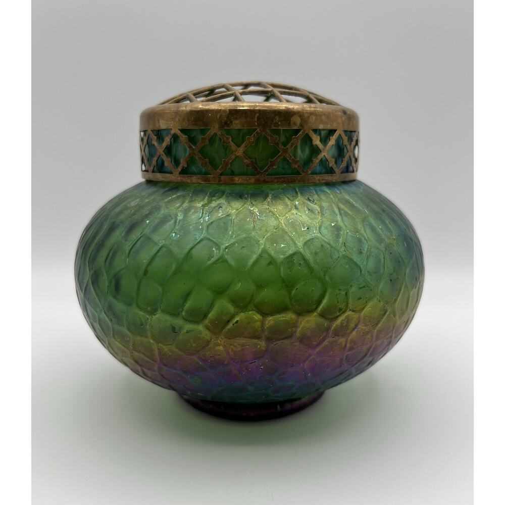 Loetz Kralik Green Iridescent Glass Mimosa Craquele Posi Vase Floral Frog 6”